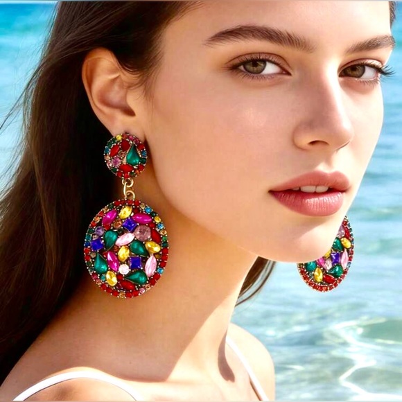 Jewelry - Imoli Random Colorful Rhinestone Oval Drop Earrings – Statement Earrings